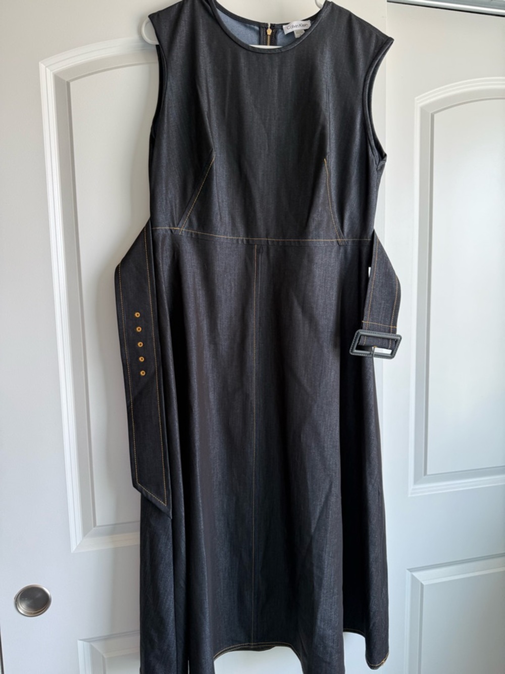 Calvin Klein Denim Shift Dress with Yellow Stitching & Belt - Picture 3 of 4